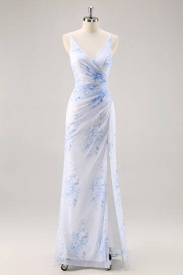 Blue Floral Ruched Chiffon Long Bridesmaid Dress with Slit